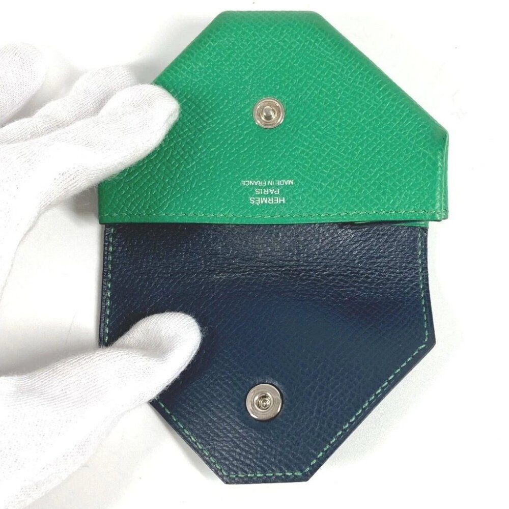 HERMES Levainquatre Verso Coin Case Wallet coin purse Leather Green/Navy - Picture 8 of 9